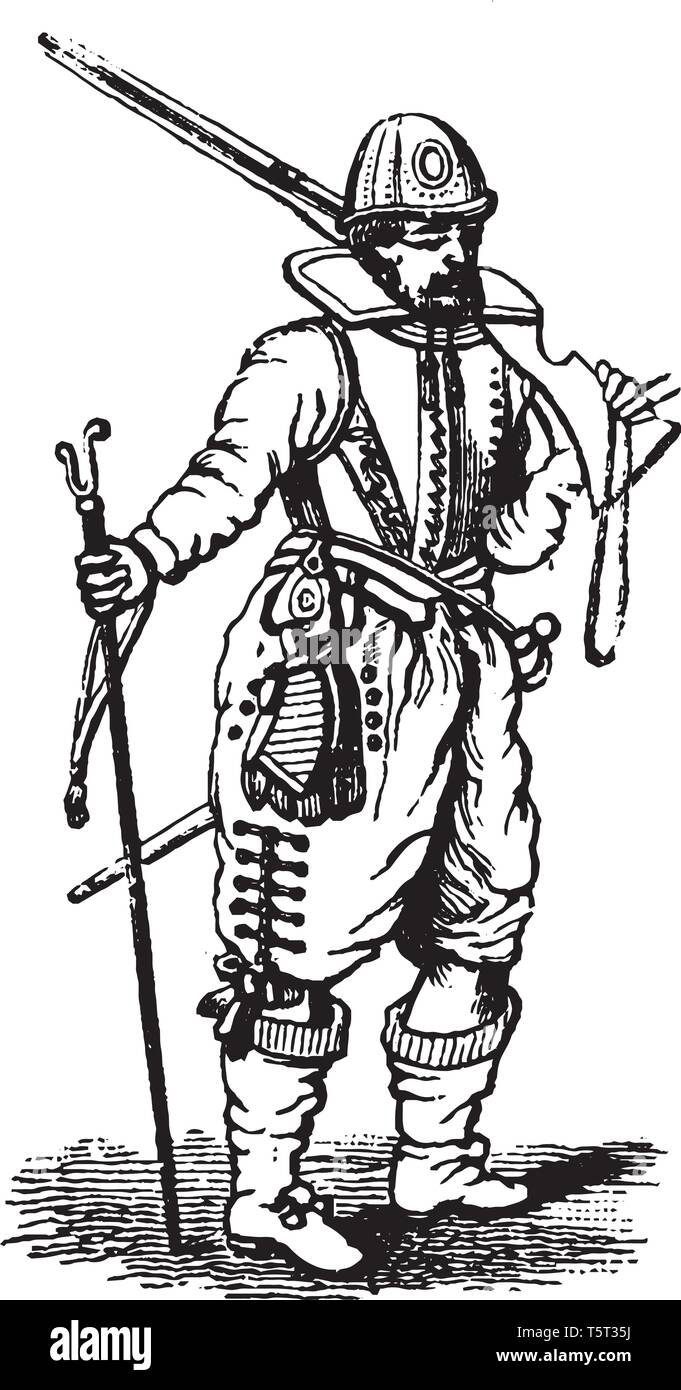 Questa immagine rappresenta Musketeer dal tempo di Giacomo I, vintage disegno della linea di incisione o illustrazione. Illustrazione Vettoriale