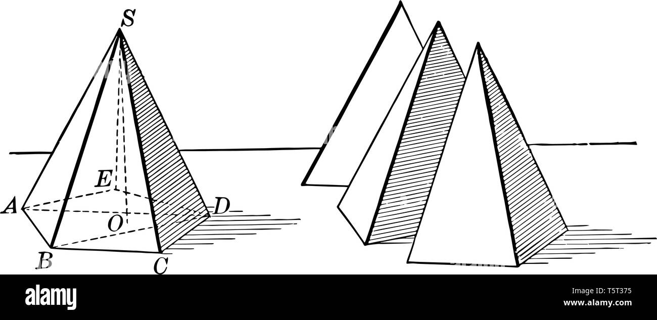 L'immagine mostra che la piramide pentagonale mostra che il volume è pari ad un terzo della sua base di prodotto, vintage disegno della linea o incisione illustr Illustrazione Vettoriale