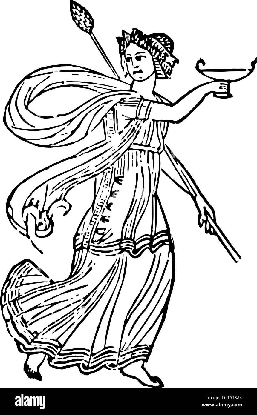 In questa immagine è Bacchhante romano. Roman Bacchhante tenendo un thyrsus e un bicchiere di vino, vintage disegno della linea di incisione o illustrazione. Illustrazione Vettoriale