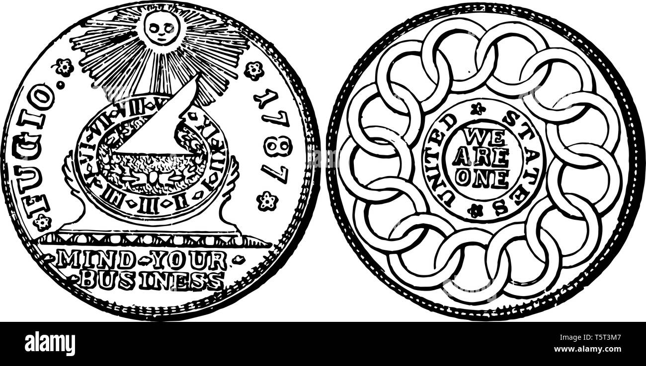 Una foto che mostra il rame Fugio Coin, 1787. Complementare mostra quadrante di orologio in medio, sun in sopra e nel seguito mostra iscrizione-MENTE IL TUO BUSINESS. Retromarcia Illustrazione Vettoriale