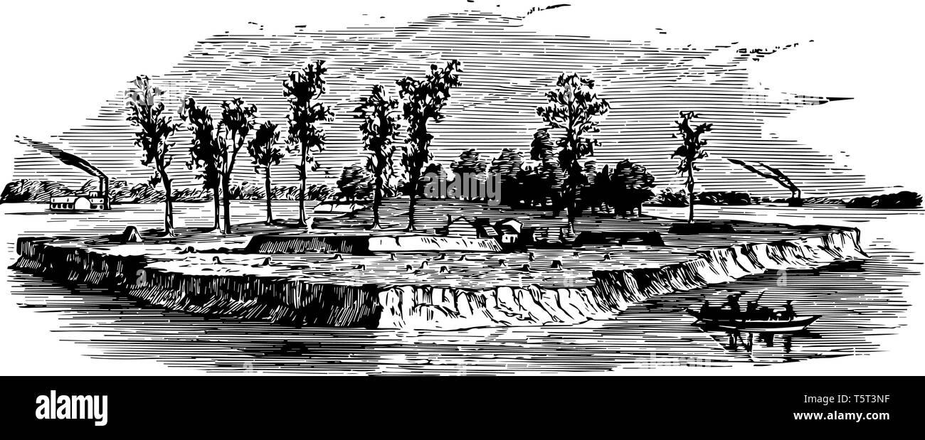 Isola numero dieci era isola sul fiume Mississippi vintage disegno della linea. Illustrazione Vettoriale