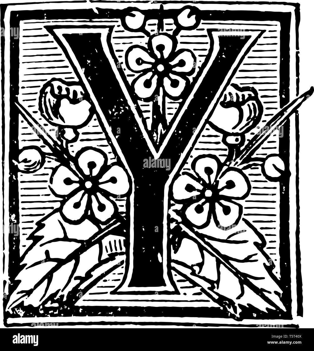 Questa immagine mostra la decorazione floreale lettera Y. ci sono 3 fiori che sono uguali a 3 lati delle lettere. Ci sono anche alcune foglie, vinta Illustrazione Vettoriale