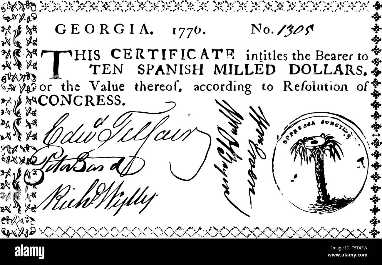 La foto mostra un dieci dollari Bill, 1776. Immagine di un albero di palma e di una pietra, è nella parte superiore del disegno di legge, vintage disegno della linea di incisione o il Illustrazione Vettoriale