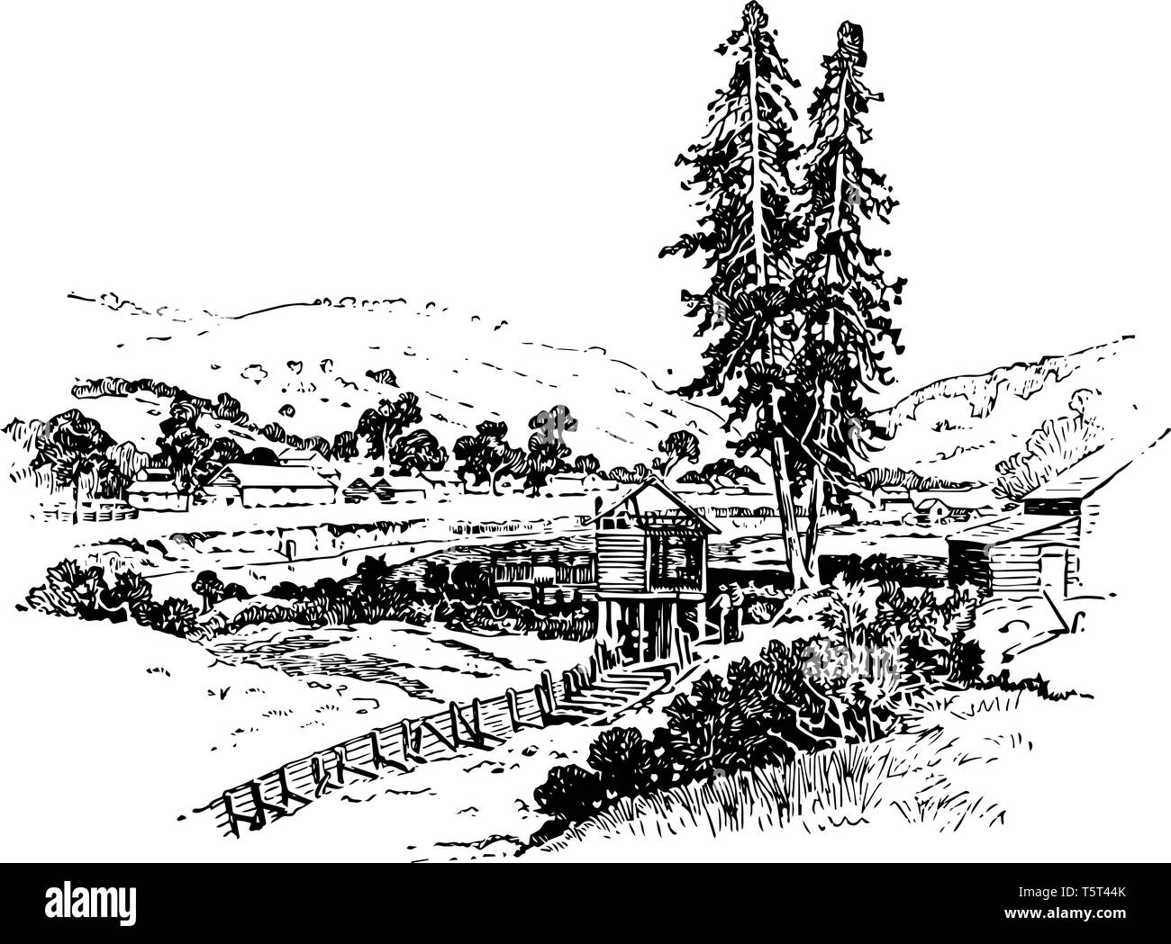 Sutter fort un membro storico e agricolo colonia commerciale del XIX secolo costruito da John Sutter vintage disegno della linea. Illustrazione Vettoriale
