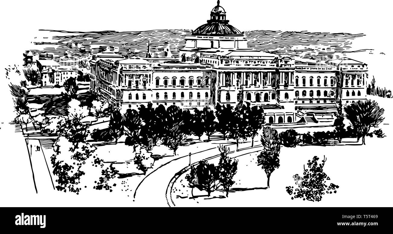 La biblioteca del congresso è la biblioteca di ricerca ed è la nazione più antichi della Federal istituzione culturale linea vintage disegno. Illustrazione Vettoriale
