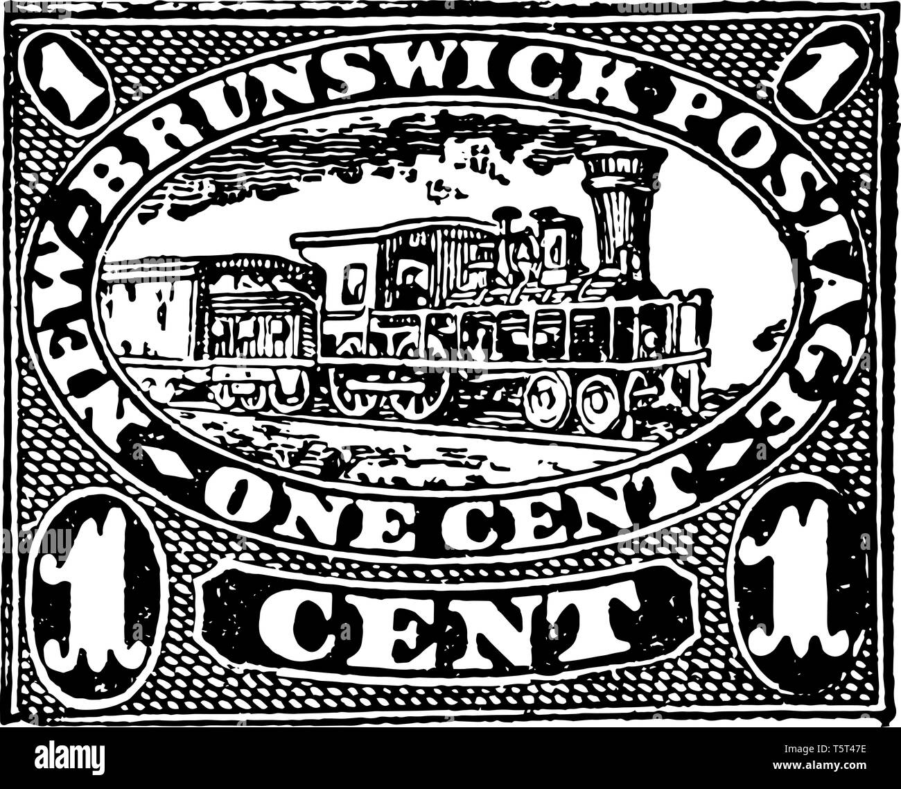 Un cerchio su cui brunswick cent timbro è scritto e un treno in centro. Rilasciato nel 1860 vintage disegno della linea. Illustrazione Vettoriale