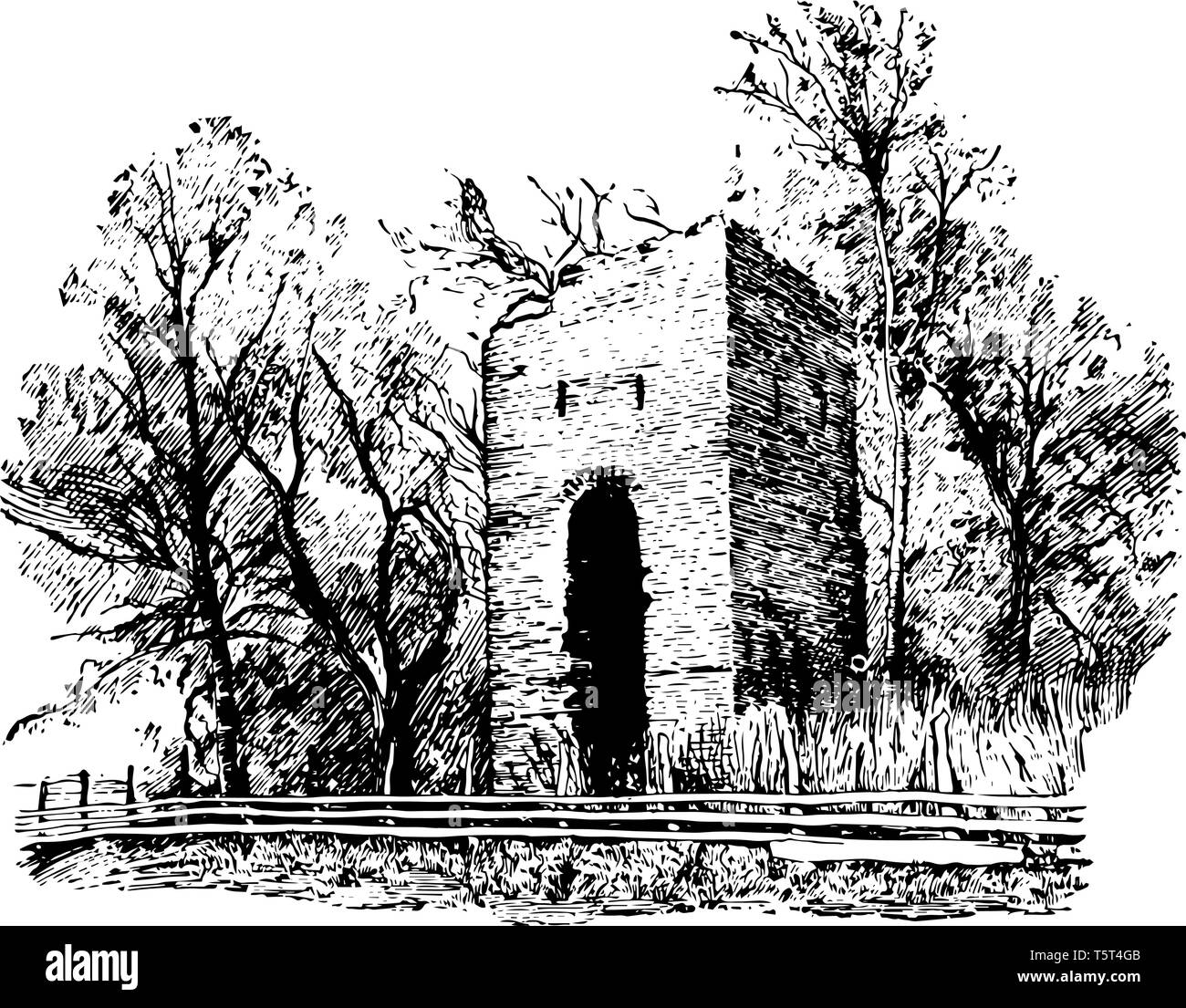 Jamestown è ora un'isola, solo le rovine della chiesa di mattoni eretta nel 1639 e alcune tombe nel cimitero rimangono vintage disegno della linea. Illustrazione Vettoriale