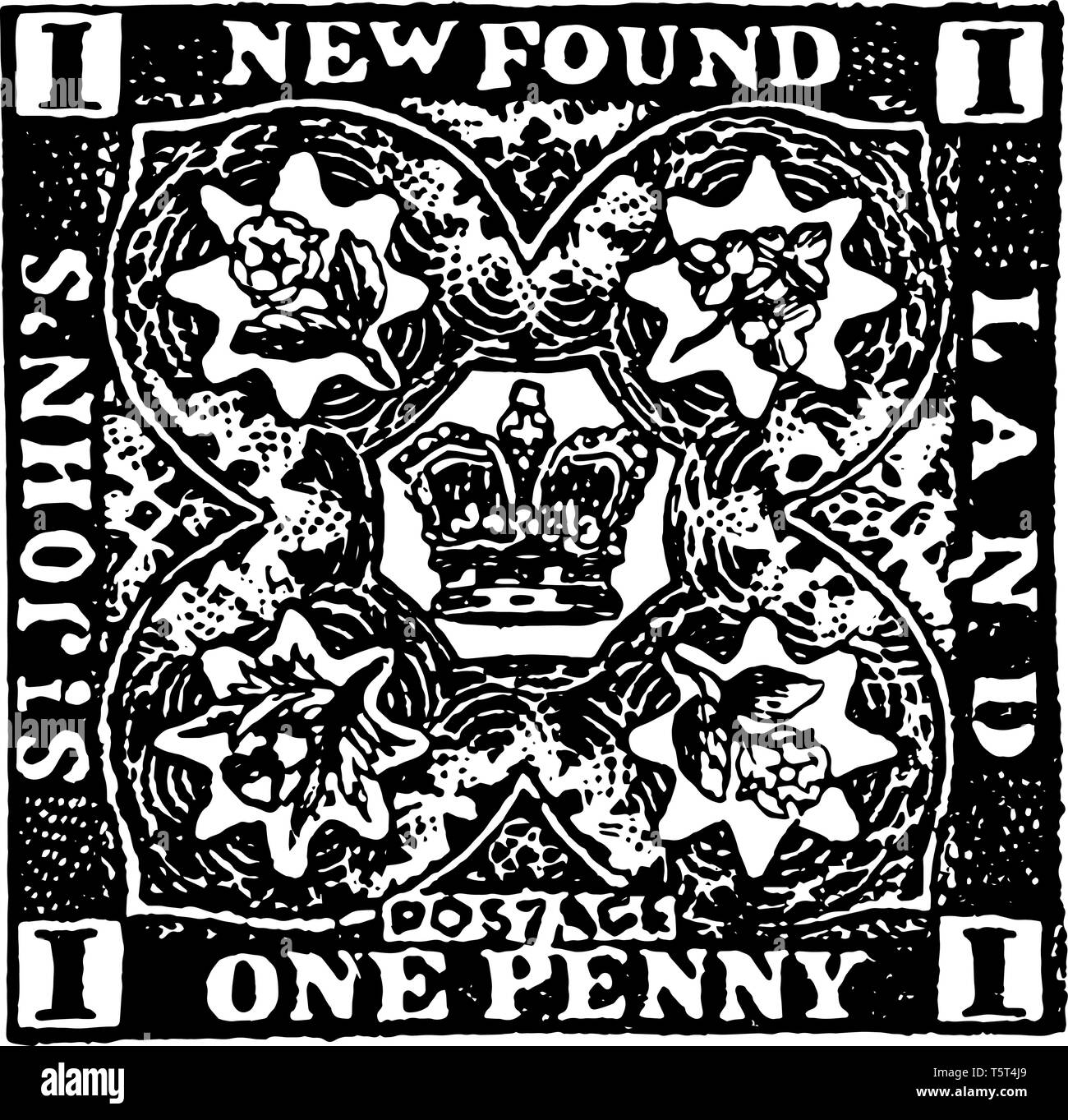 New foundland un penny timbro è un quadrato contenente un fiore che contiene inoltre quattro fiori e una corona vintage disegno della linea. Illustrazione Vettoriale