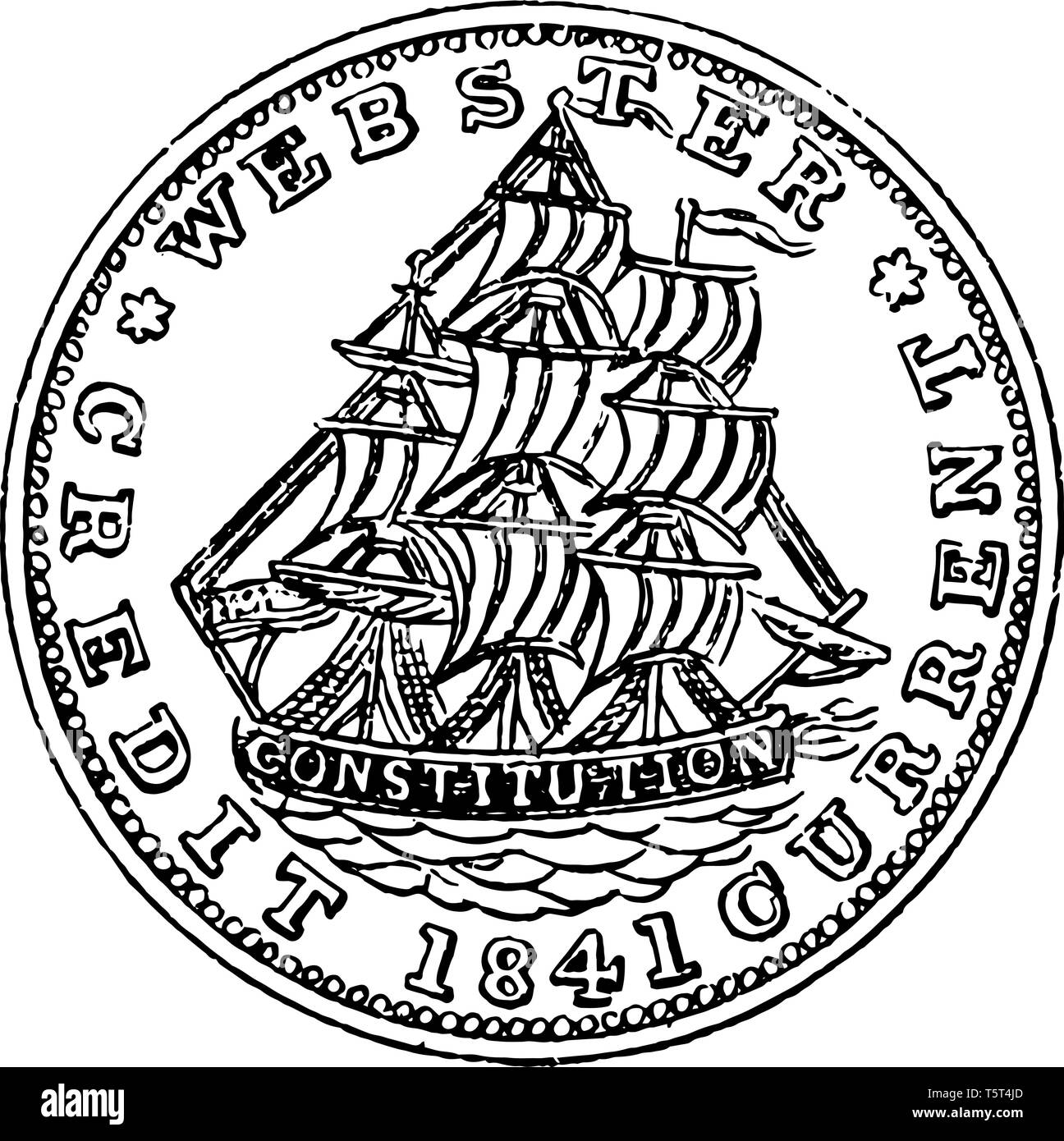 Questa è un immagine di rame Hard Times Token. Complementare ha l immagine di una rivolta a destra nave a vela, vintage disegno della linea di incisione o illustrazione. Illustrazione Vettoriale