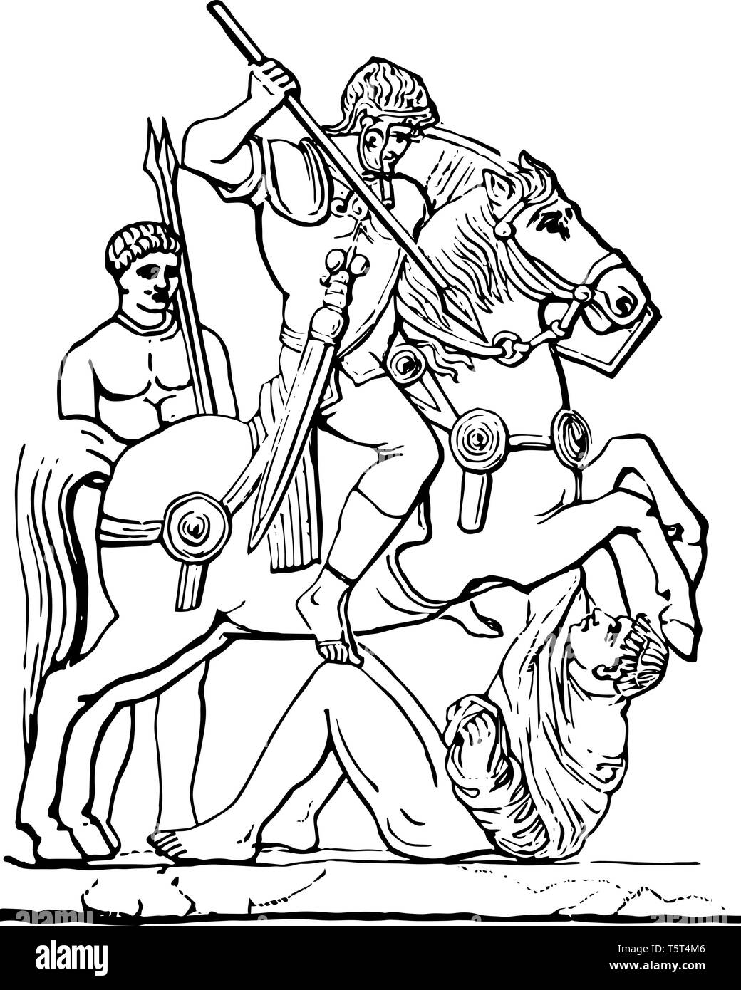 Seduta del guerriero a cavallo e colpendo l avversario con giavellotto. Il cavallo di gambe anteriori sono nell'aria, vintage disegno della linea di incisione o illustrazione. Illustrazione Vettoriale