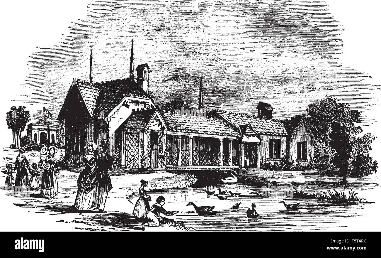 Giardino zoologico di Londra che era originariamente destinato a essere utilizzato come una raccolta per lo studio scientifico, vintage disegno della linea o incisione illustra Illustrazione Vettoriale