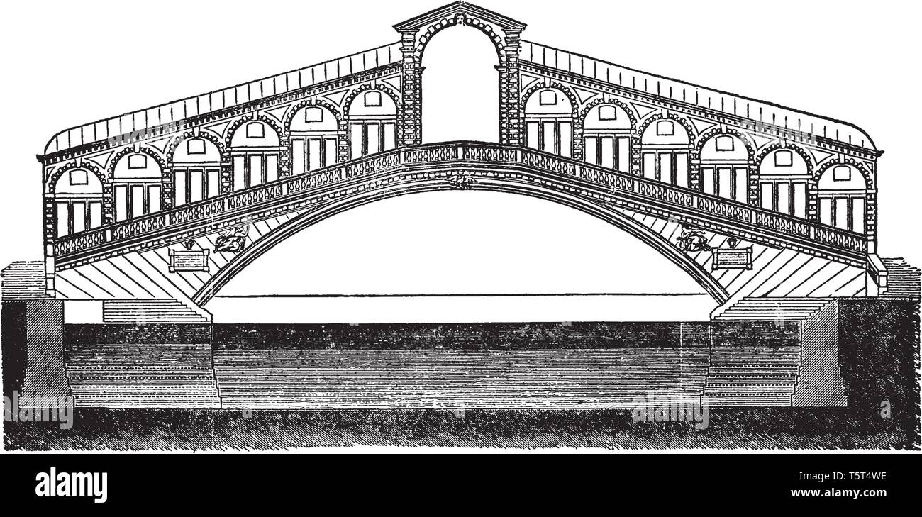 Il Ponte di Rialto è uno dei quattro ponti che attraversano il Canal Grande a Venezia, vintage disegno della linea di incisione o illustrazione. Illustrazione Vettoriale