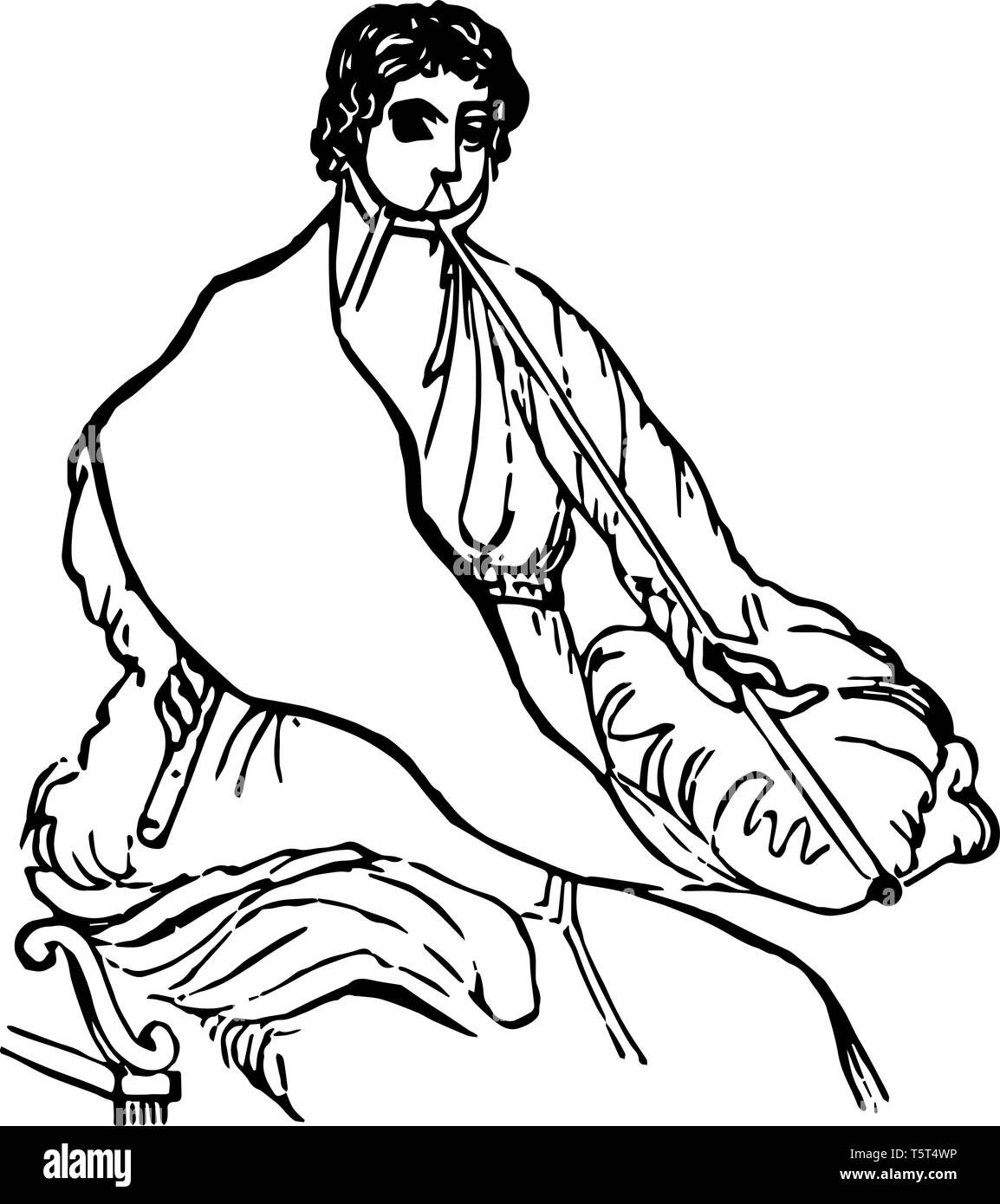 Doppio flauto dove il musicista a giocare un doppio flauto, vintage disegno della linea di incisione o illustrazione. Illustrazione Vettoriale