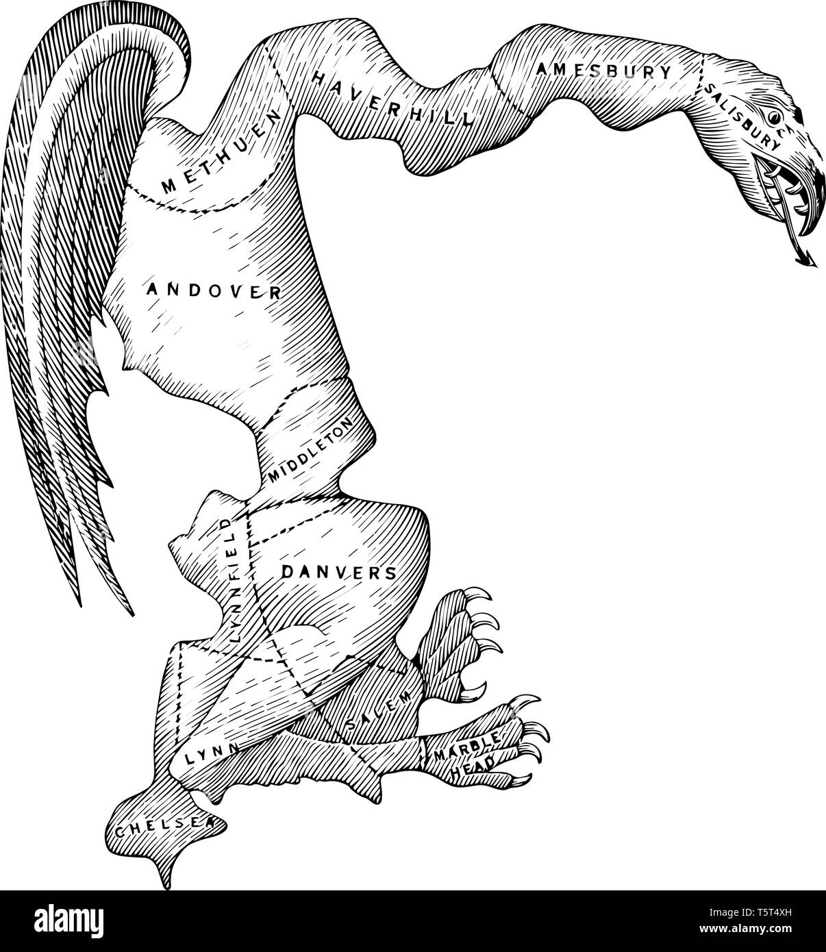 Il gerrymander è una mappa dei confini del distretto o area voto utilizzare per prendere undavantage sleale oltre il partito politico vintage disegno della linea. Illustrazione Vettoriale