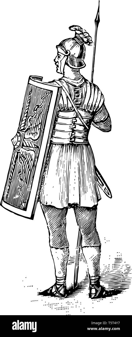 Questa immagine mostra un soldato romano con scudo e lancia. Soldato è decorato con linee, vintage disegno della linea di incisione o illustrazione. Illustrazione Vettoriale