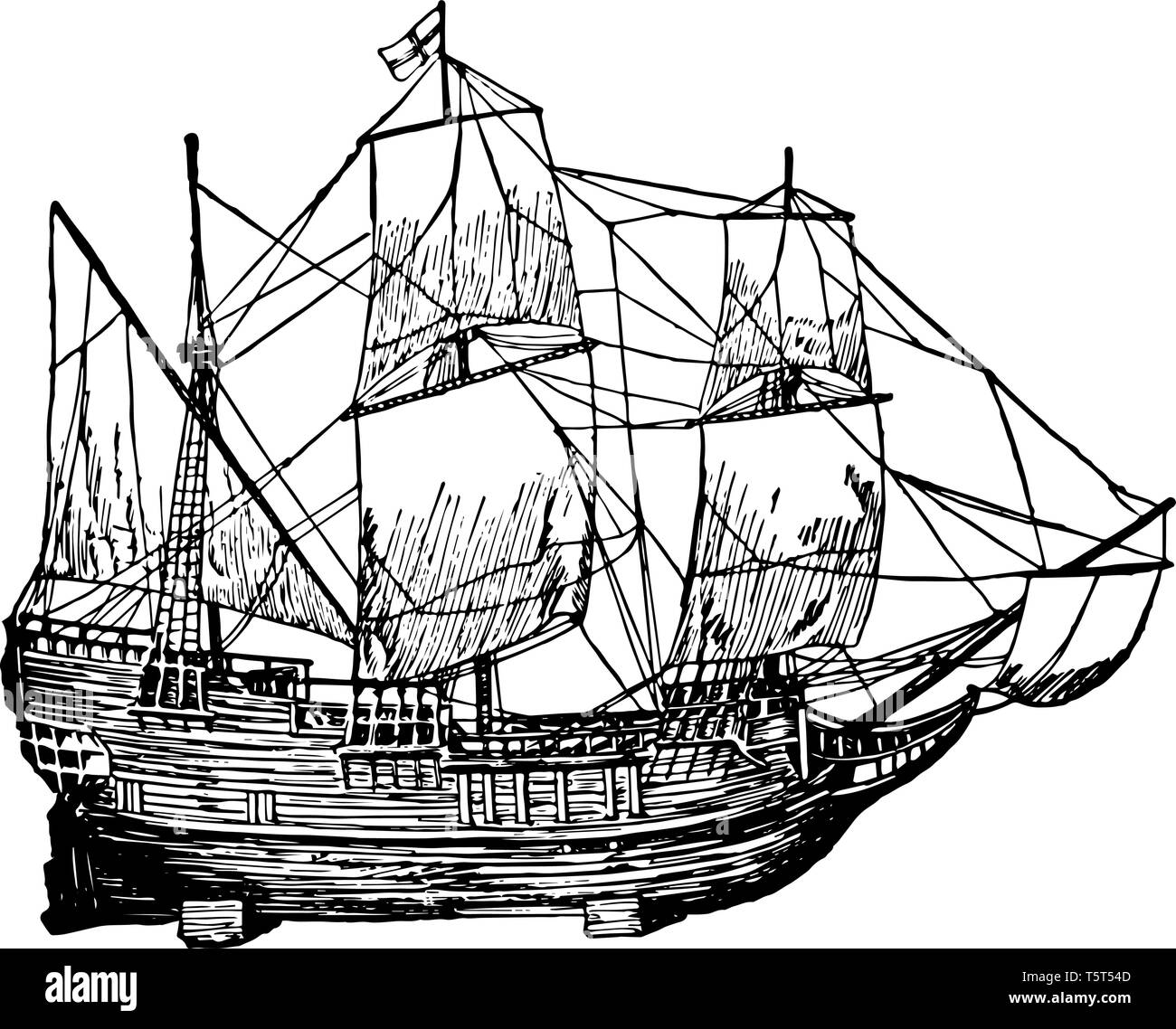 Mayflower era una nave che è una icona culturale nella storia di noi vintage disegno della linea. Illustrazione Vettoriale