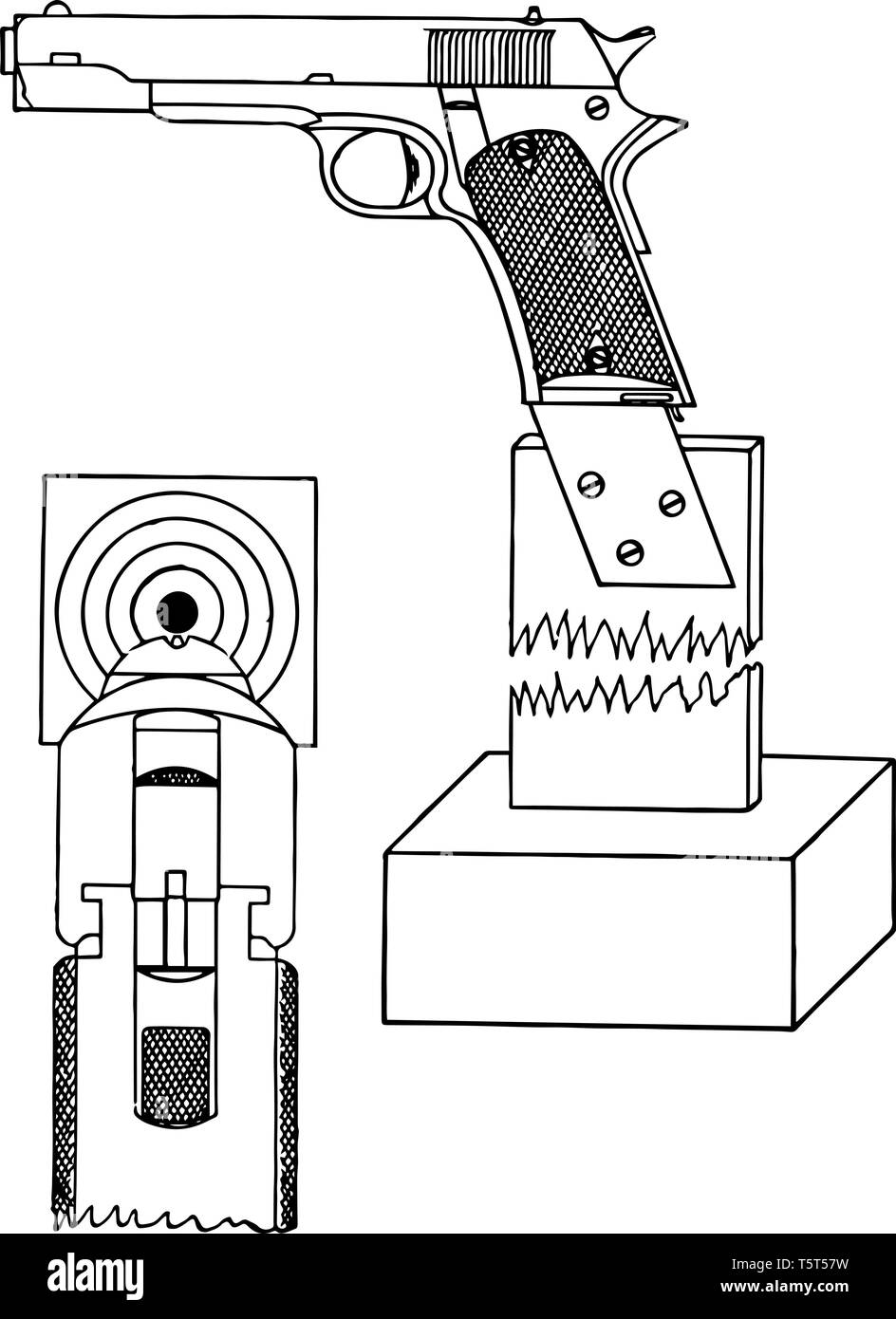Pistola avvistamento di riposo per la pistola prendere un pezzo di legno di circa dieci centimetri di lunghezza, vintage disegno della linea di incisione o illustrazione. Illustrazione Vettoriale