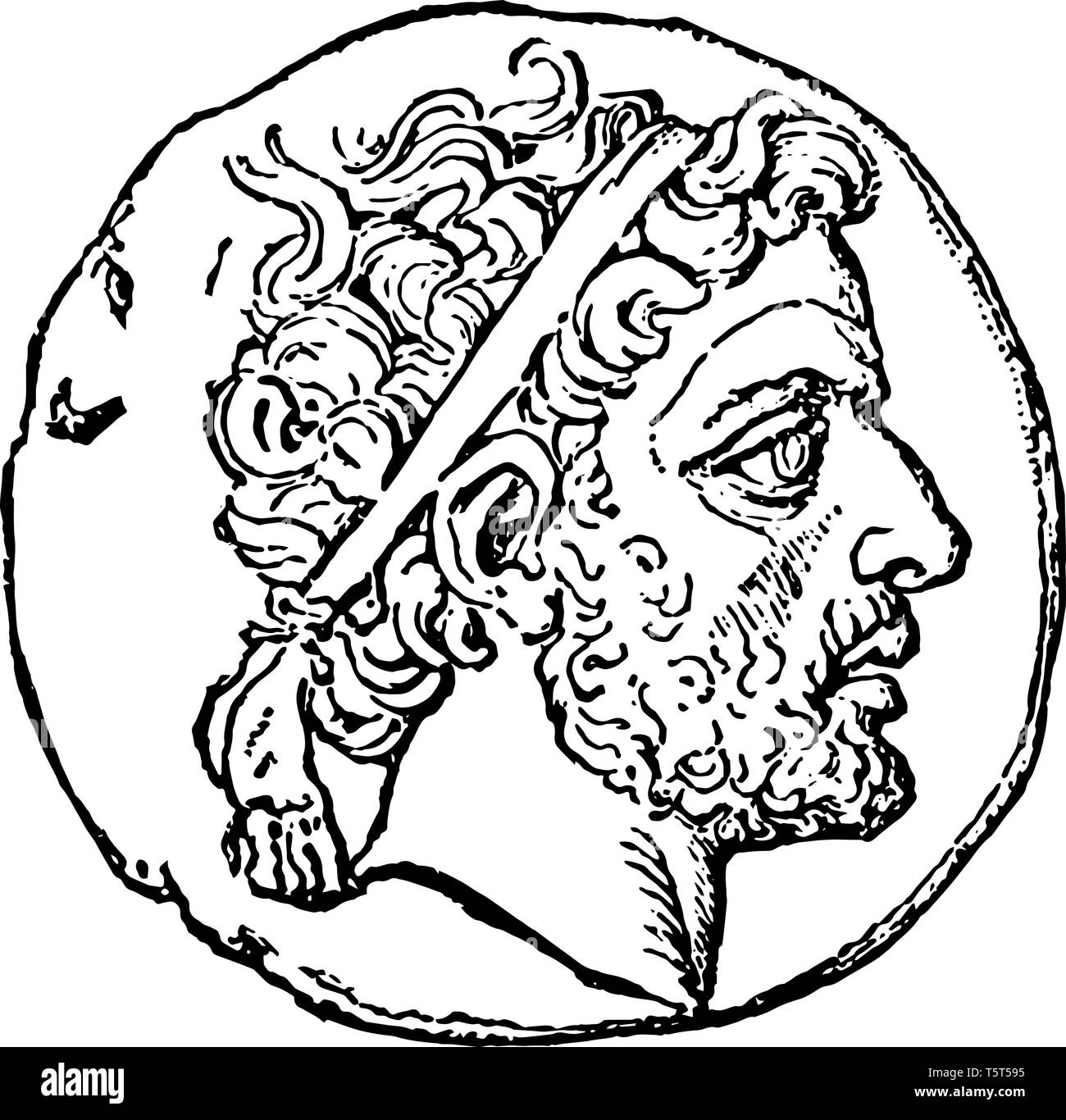 Questa immagine mostra la moneta con la faccia di Filippo V di Macedonia. Tutta la zona intorno al viso è vuoto, vintage disegno della linea o incisione illustra Illustrazione Vettoriale