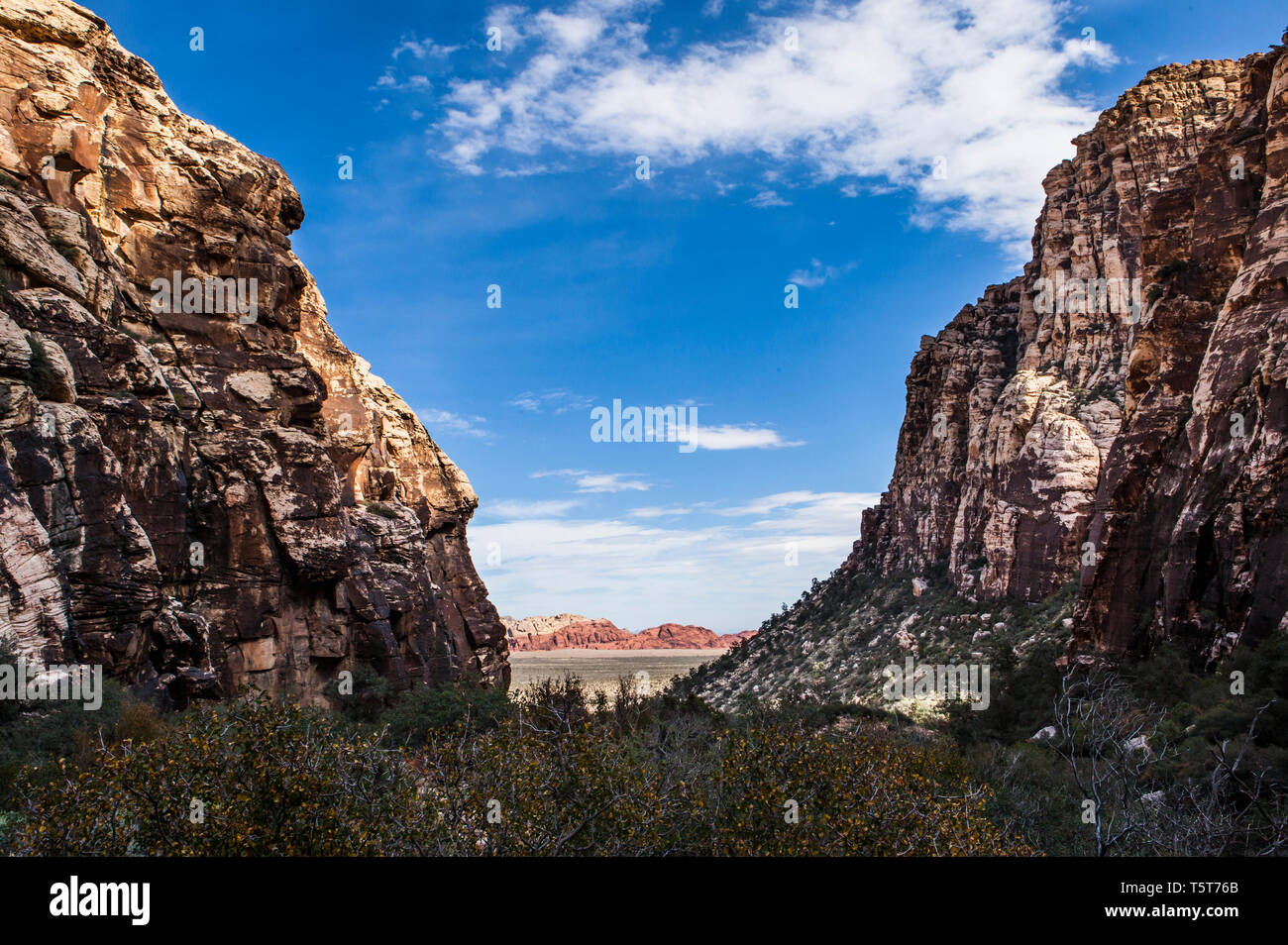 Vista guardando fuori della ghiacciaia Canyon con il calicò colline in lontananza, il Red Rock Canyon Area di Conservazione, Nevada, STATI UNITI D'AMERICA Foto Stock