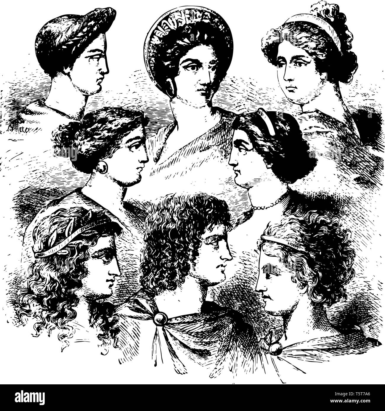 Questa immagine mostra i diversi tipi di donne. Queste donne sono le donne greche. Ci sono 8 donne incluse in questa immagine, vintage disegno della linea o engravin Illustrazione Vettoriale