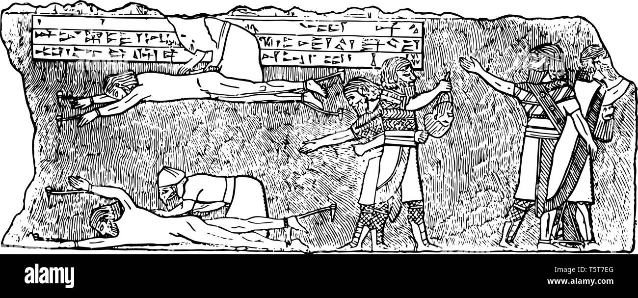 L'immagine mostra assiri scuoiamento prigionieri vivi. È anche chiamato come colloquialmente noto come la spellatura. Si tratta di una lenta e dolorosa metodo di esecuzione i Illustrazione Vettoriale