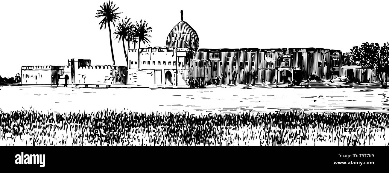 L'edificio, che è musulmano luoghi religiosi; vi è una grande parete e una cupola lungo i quattro lati, vintage disegno della linea di incisione o illustrazione Illustrazione Vettoriale