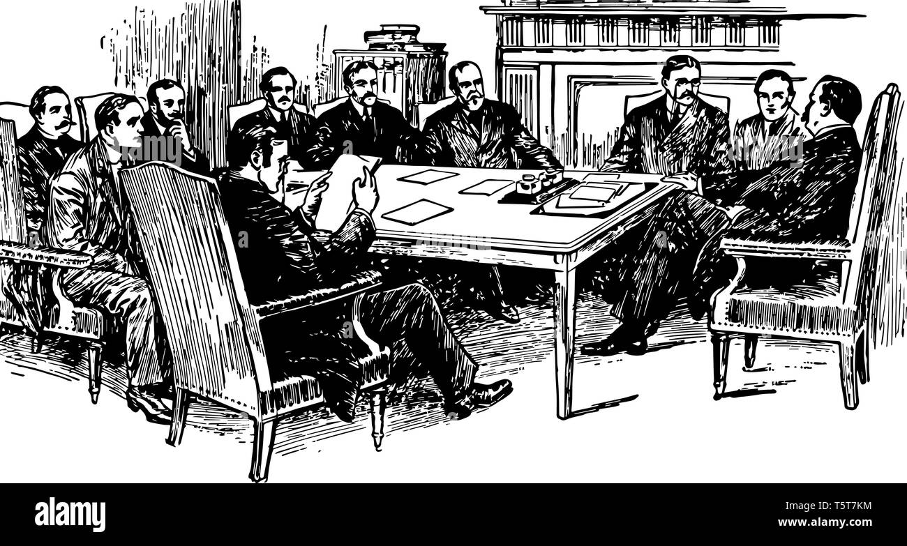 Riunione di gabinetto presidenziale composta di segretari dei reparti esecutivi linea vintage disegno. Illustrazione Vettoriale