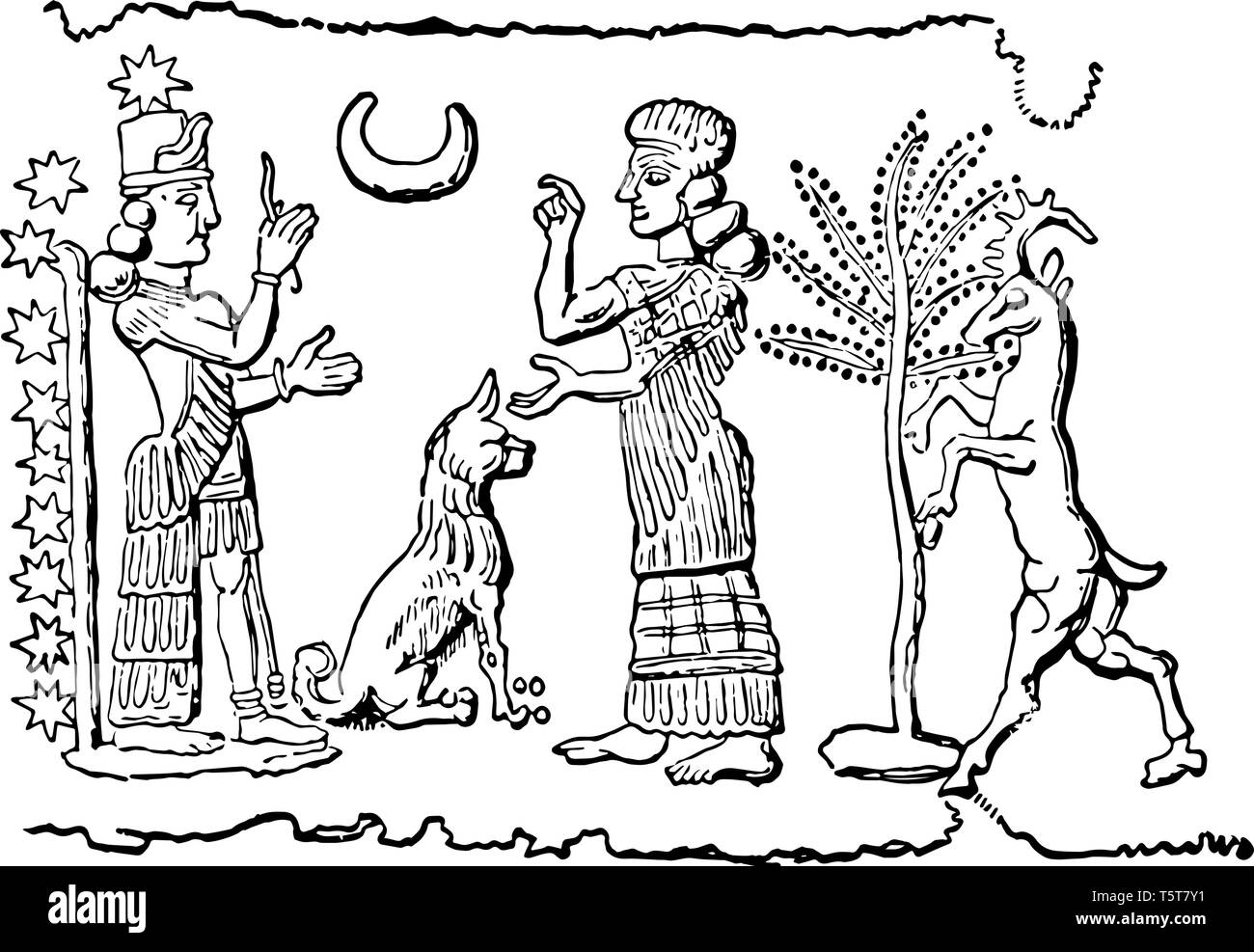 Si tratta di Ishtar è immagine di un cilindro assira. Questa immagine è costituita da 2 persone insieme con i due animali. Vi è una luna e numerose stelle sono un Illustrazione Vettoriale