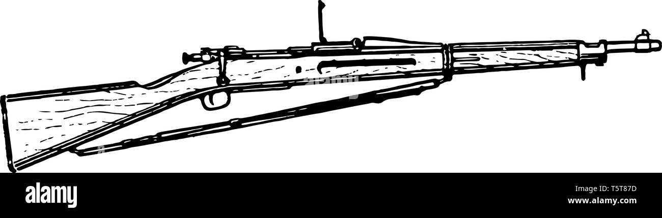 Springfield M1903 Rifle è stata ufficialmente sostituito come la fanteria standard fucile da tiro più veloce, vintage disegno della linea di incisione o illustrazione. Illustrazione Vettoriale