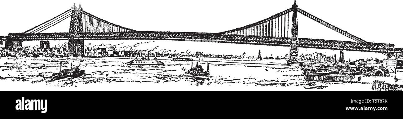 Nuovo East River Bridge NY è il più grande ponte sospeso nel mondo, vintage disegno della linea di incisione o illustrazione. Illustrazione Vettoriale