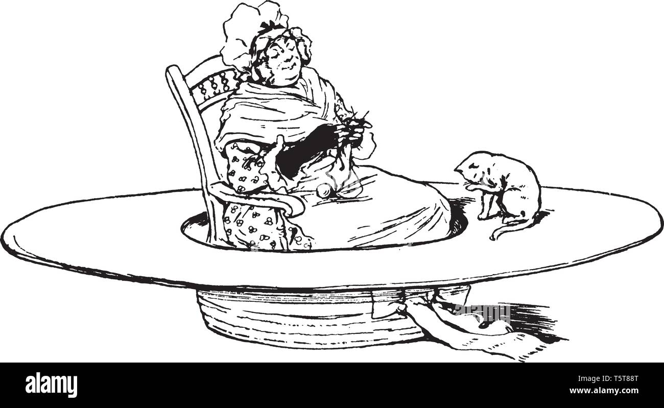 Una piccola donna seduta su una sedia in un cappello, cat vicino a lei, vintage disegno della linea di incisione o illustrazione Illustrazione Vettoriale