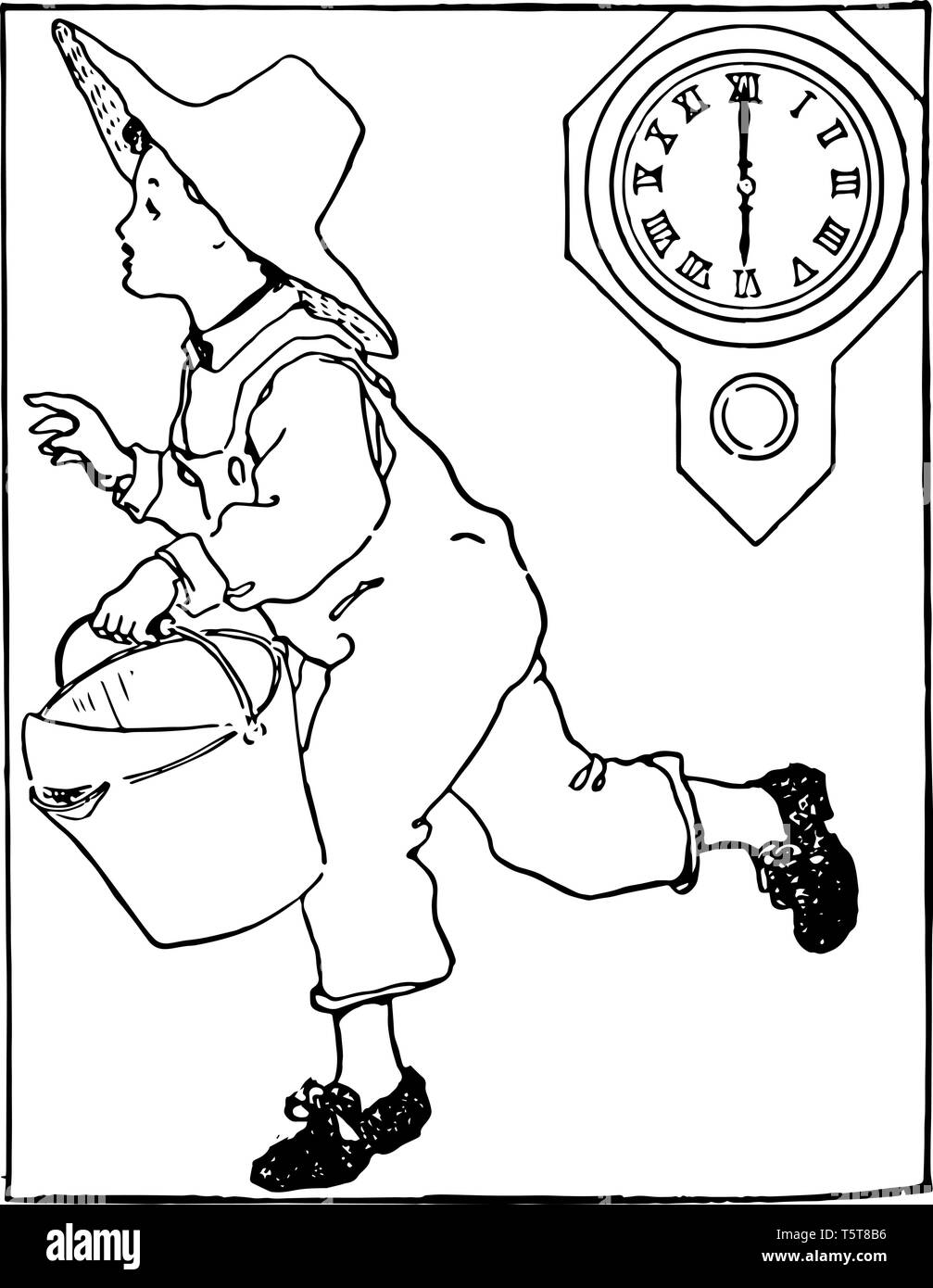 Un bambino è in esecuzione tenendo un cucchiaio nelle sue mani e indossando un cappello nella sua testa con orologio che mostra il tempo come 6:00, vintage disegno della linea o incisione di illu Illustrazione Vettoriale