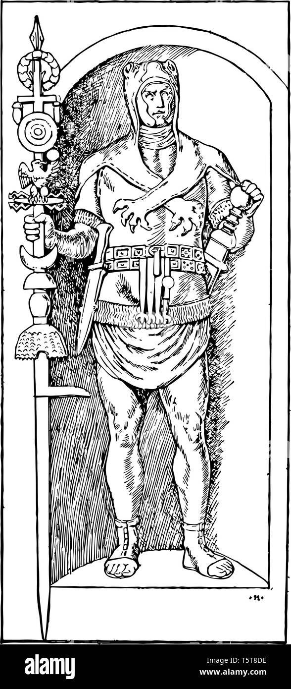 Questa è l'immagine di un alfiere. Roman. Essa è costituita da una lancia incoronata con una corona, al di sotto della quale vi è una traversa che porta appeso acorn Illustrazione Vettoriale