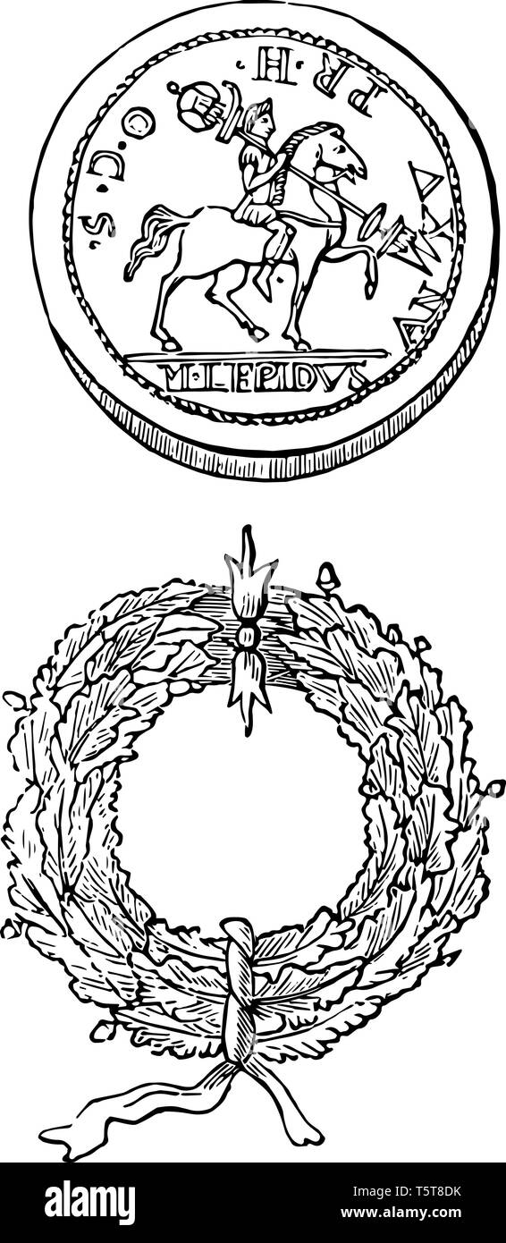 La parte anteriore della medaglia mostra un soldato montato su un cavallo e l'altro lato ha una immagine della corona, vintage disegno della linea di incisione o illustrazione. Illustrazione Vettoriale