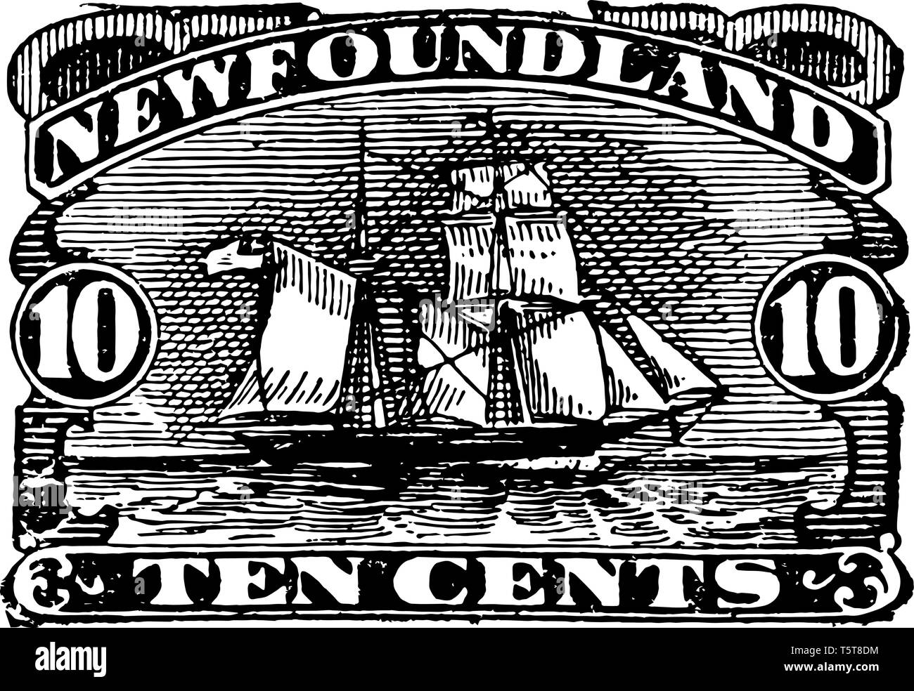 New foundland dieci centesimi timbro con nave in mare dal 1887 vintage disegno della linea. Illustrazione Vettoriale