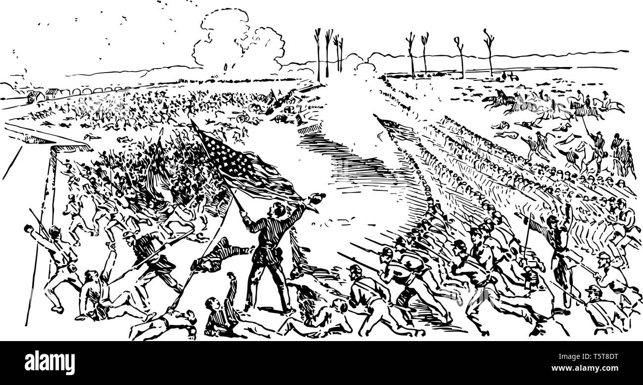 Battaglia di big black river combattuta nel 1863, durante la guerra civile americana vintage disegno della linea. Illustrazione Vettoriale
