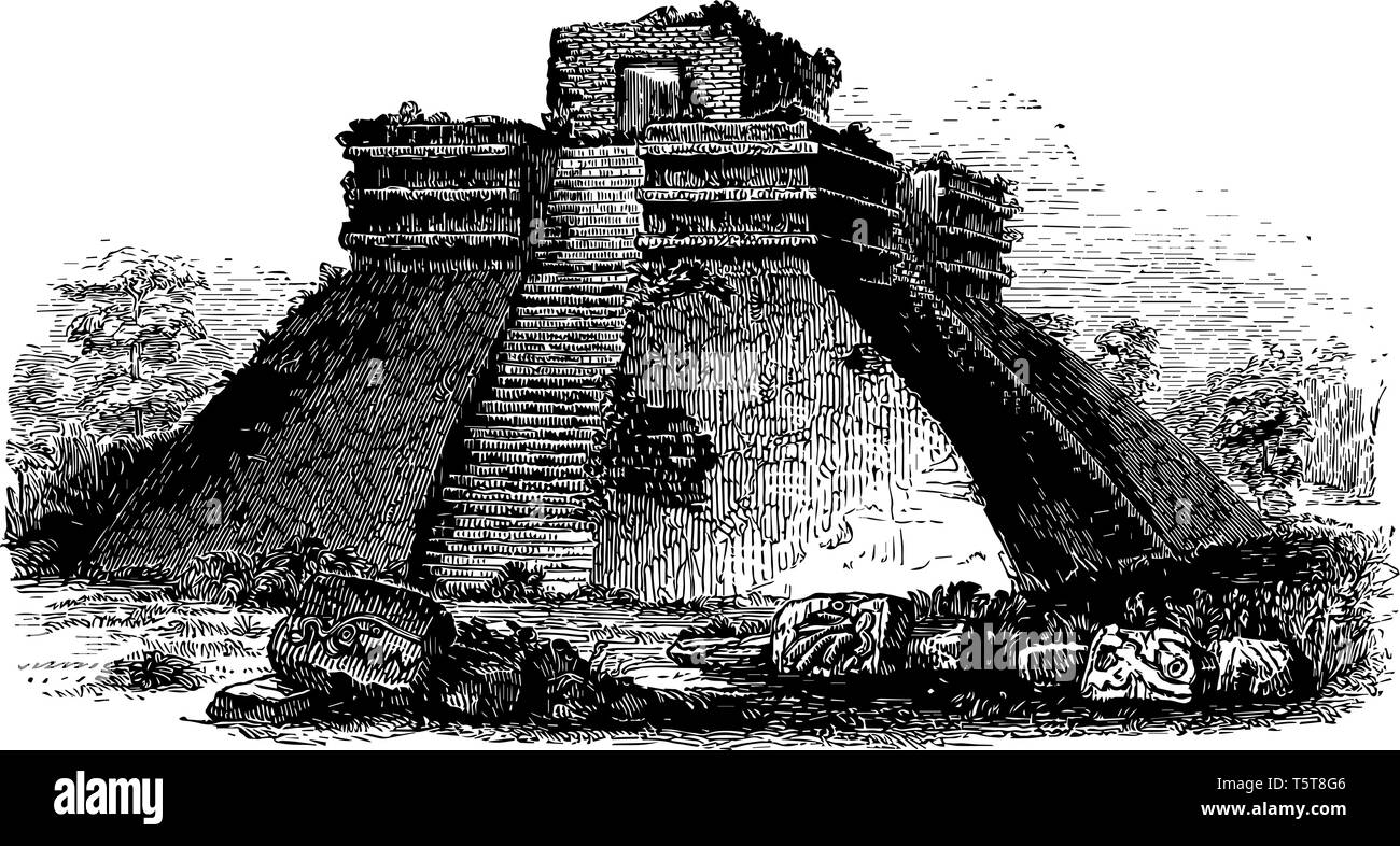 Teocalli è una piramide mesoamerican avente terrazza sulla sommità e molti rituali si è verificato sono nella parte superiore della terrazza vintage disegno della linea. Illustrazione Vettoriale