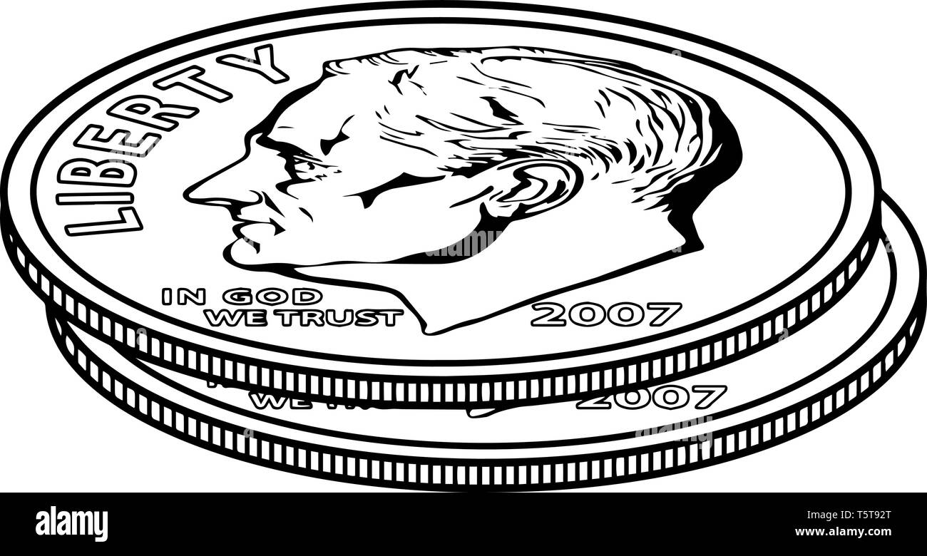 La foto mostra il 2 spiccioli moneta. Il dischetto è una moneta ci vale dieci centesimi. Dieci spiccioli fare un dollaro. Una monetina può essere scritto 10 o $0.10, linea vintage Illustrazione Vettoriale