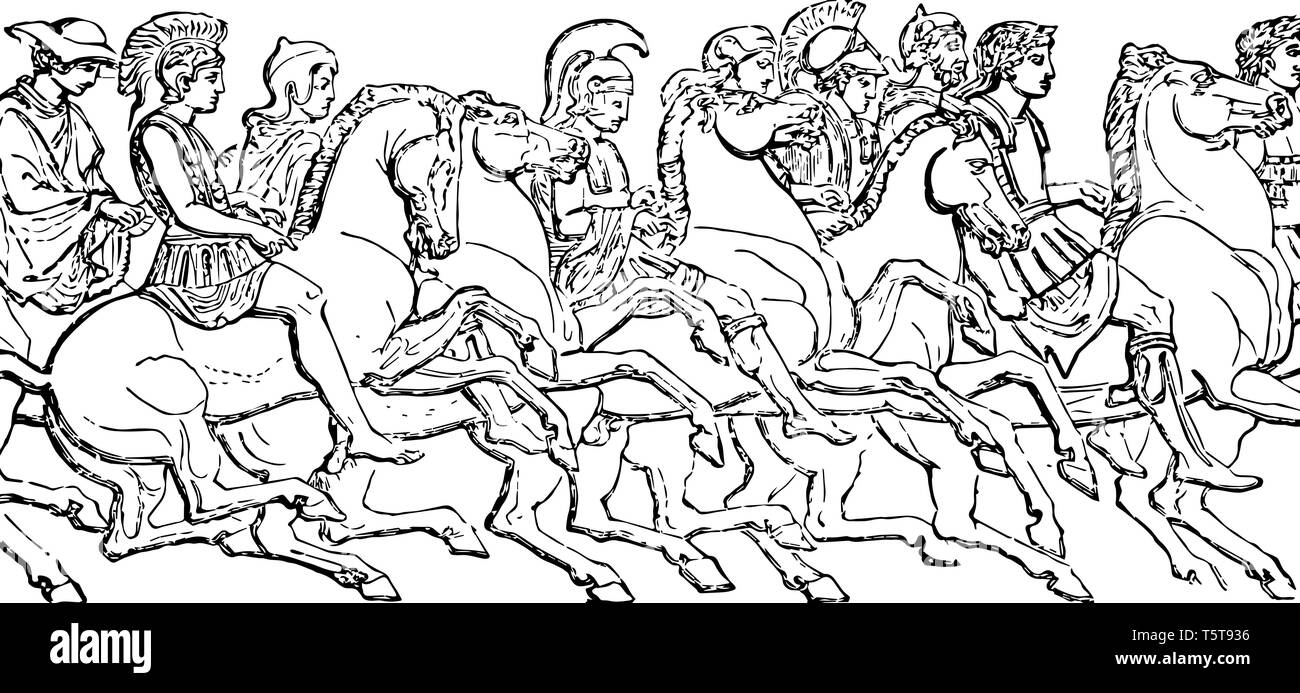 La Panathenaic processione dove i Greci sono cavalli da sella, vintage disegno della linea di incisione o illustrazione. Illustrazione Vettoriale