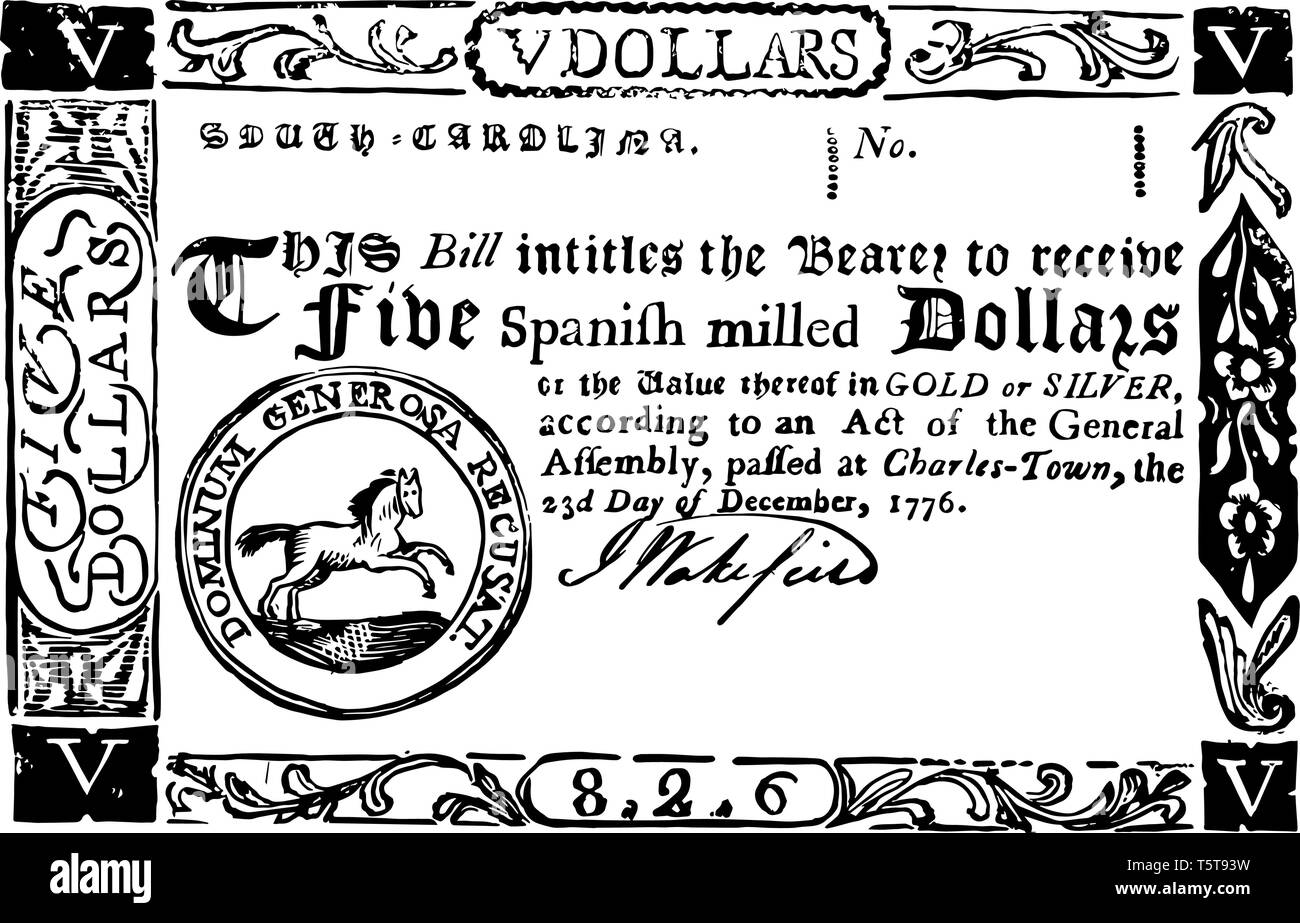 Questo è un cinque dollari bill; esso è chiamato anche una carta moneta. Questo disegno di legge è costituito da carta, vintage disegno della linea di incisione o illustrazione. Illustrazione Vettoriale