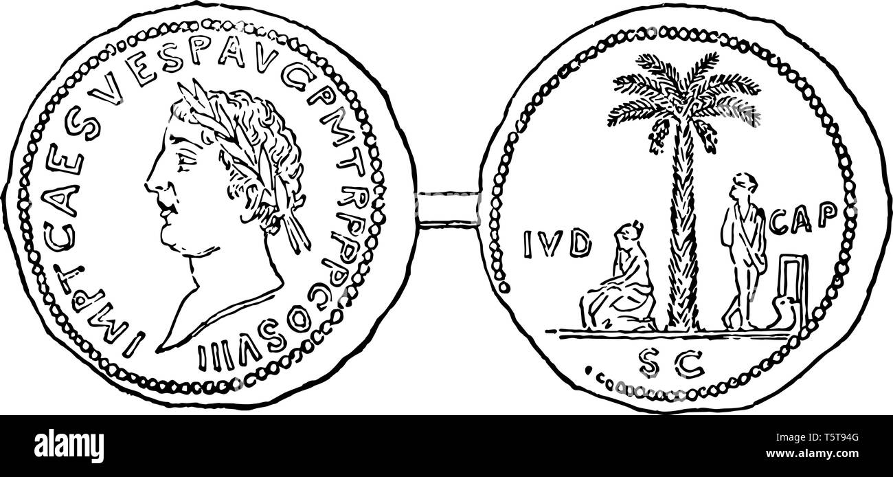 Un'immagine che mostra entrambi i lati di una moneta. La parte anteriore è il busto di un imperatore e il design della parte posteriore è di una donna seduta sotto un albero e l uomo è Illustrazione Vettoriale