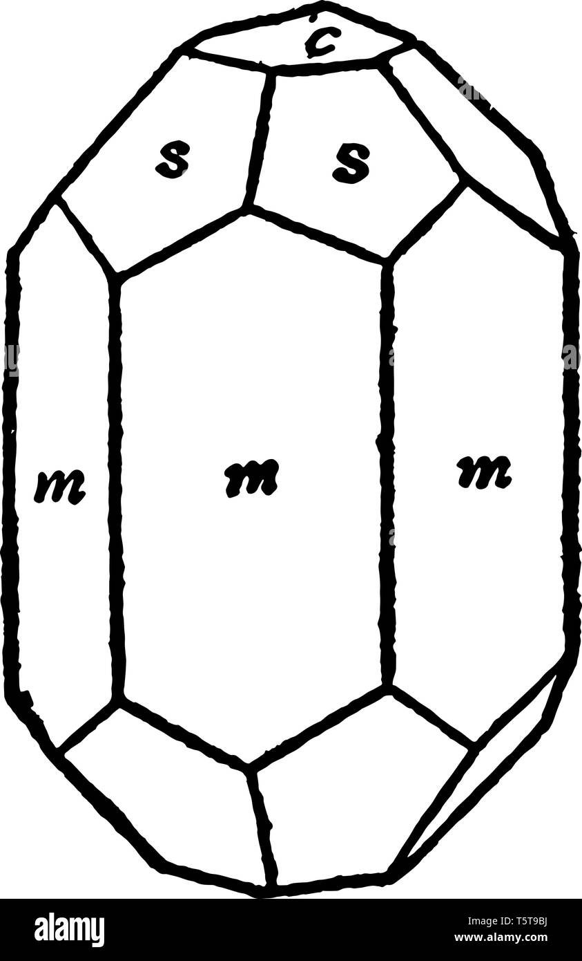 La combinazione mostra esagonale. Ci sono molti tetragonali facce del prisma. E la faccia pinacoidal la parte superiore e inferiore, vintage disegno della linea o incisione Illustrazione Vettoriale