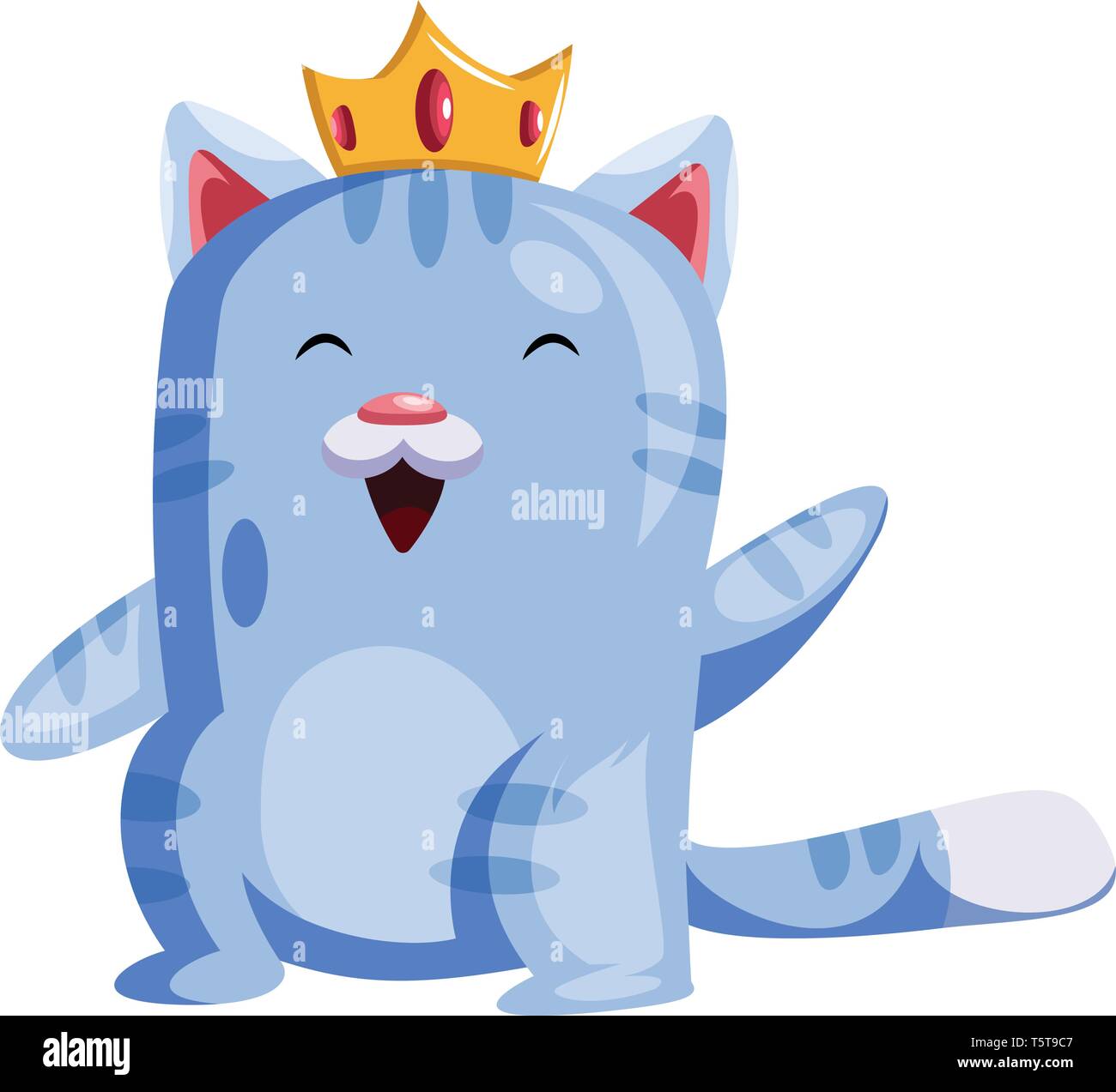 Luce gatto blu con una corona d'oro sorridente e wavingvector illustrazione su sfondo bianco. Illustrazione Vettoriale