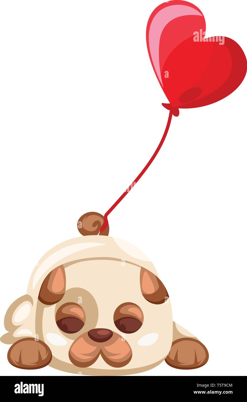 Marrone e bianco cucciolo posa con un grosso pallone rosso legato sul suo vettore di coda illistration su sfondo bianco. Illustrazione Vettoriale