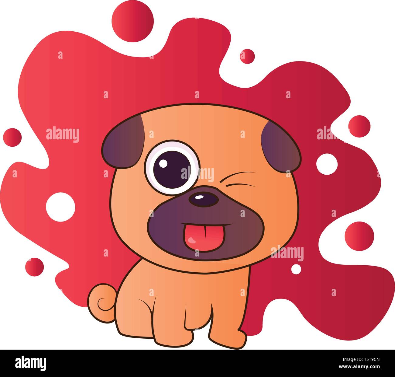 Marrone e porpora cucciolo fuori il suo vettore tounge illistration nel blob di colore rosso su sfondo bianco. Illustrazione Vettoriale