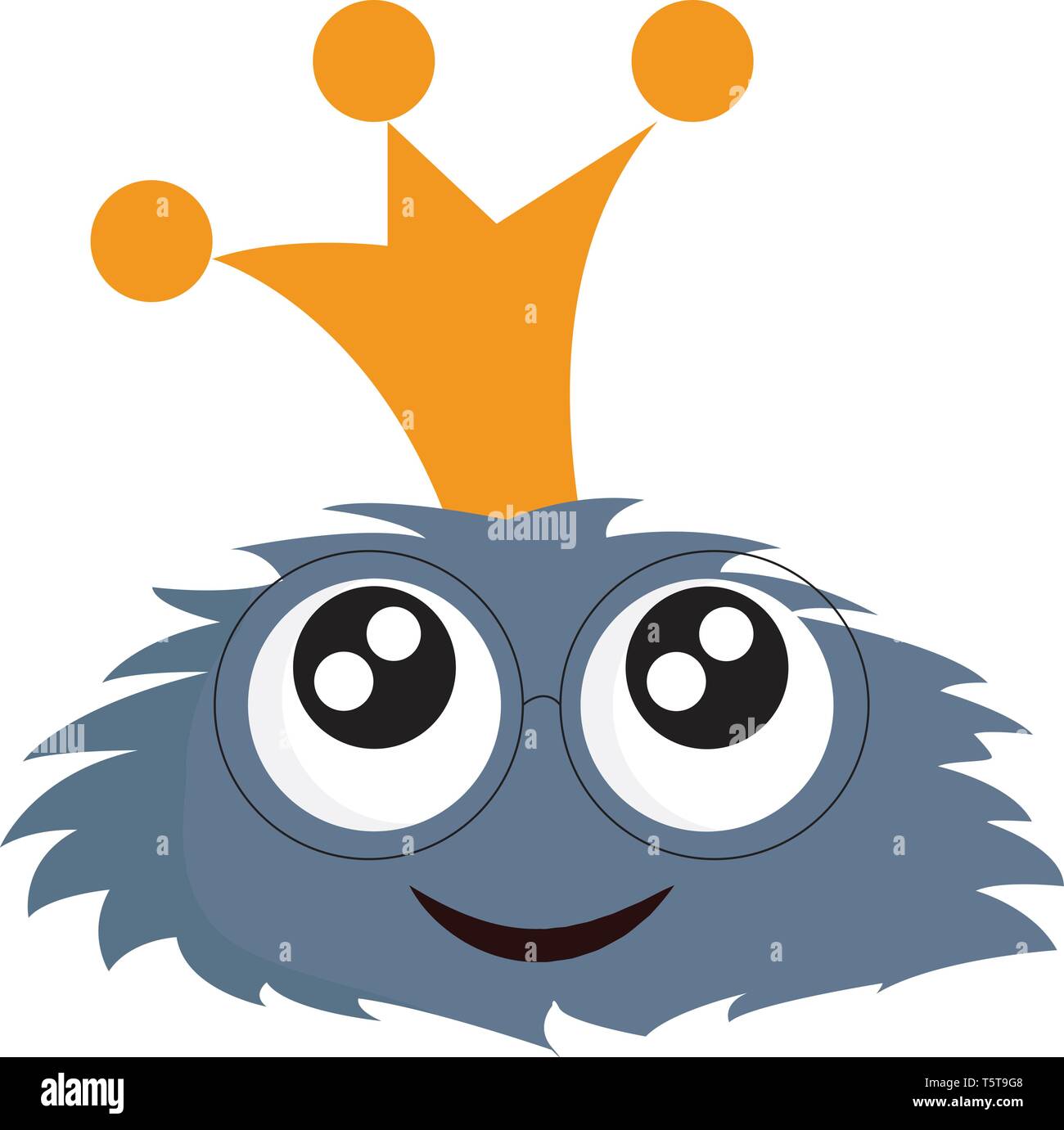 Blu sorridente mostro peloso con occhiali e Golden crown illustrazione vettoriale su sfondo bianco. Illustrazione Vettoriale