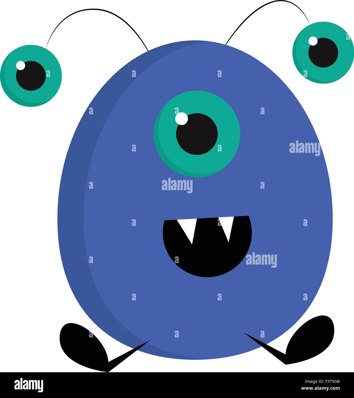 Blu sorridente ovak mostro con tre occhi illustrazione vettoriale su sfondo bianco. Illustrazione Vettoriale