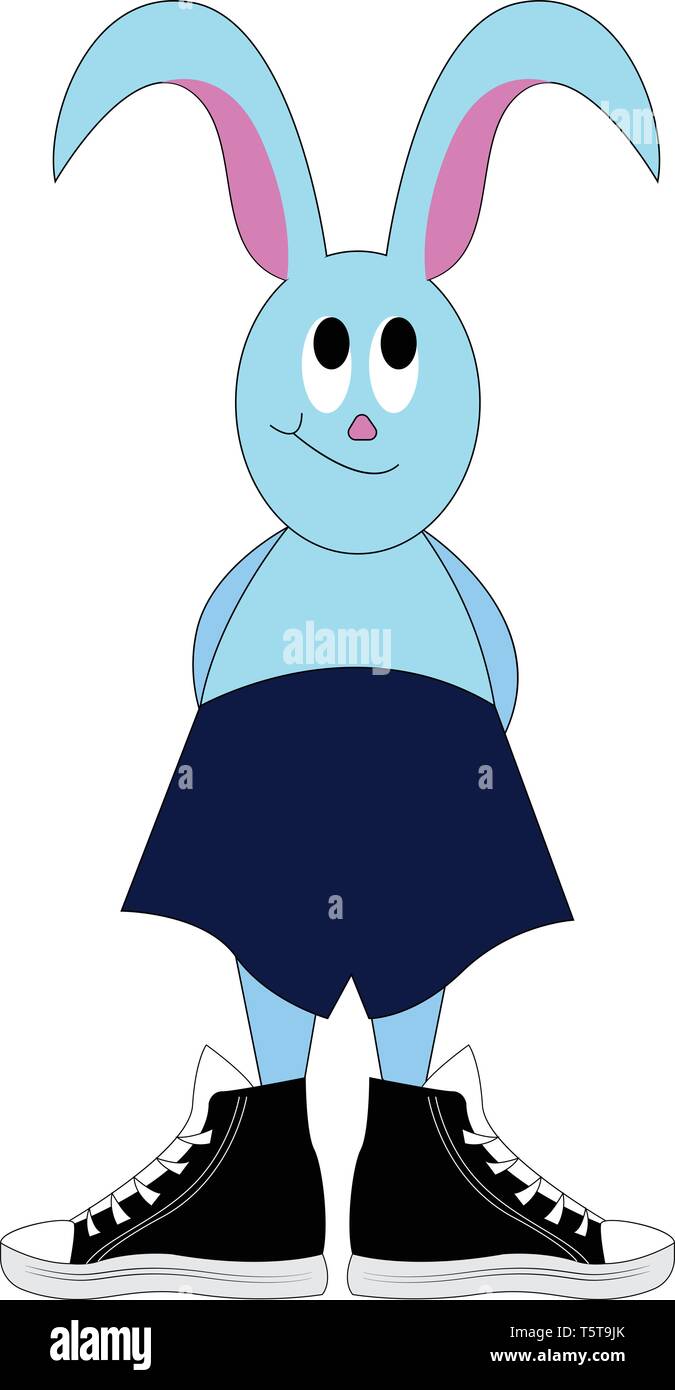 Light Blue bunny nel profondo pantaloncini blu e nero sneakers illustrazione vettoriale su sfondo bianco. Illustrazione Vettoriale