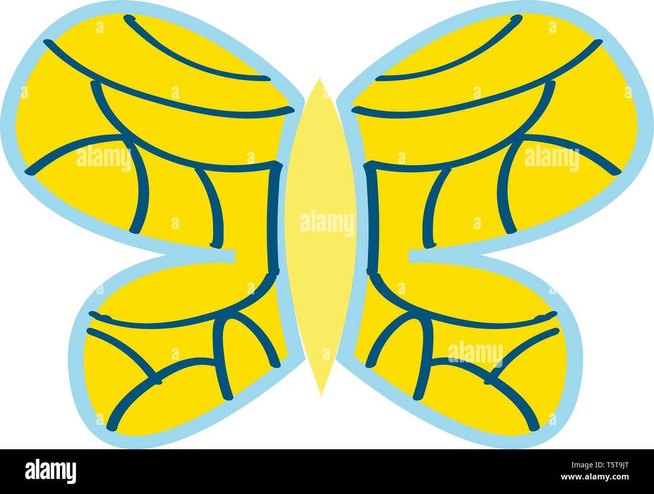 Giallo farfalla con ornamenti blu illustrazione vettoriale su sfondo bianco. Illustrazione Vettoriale