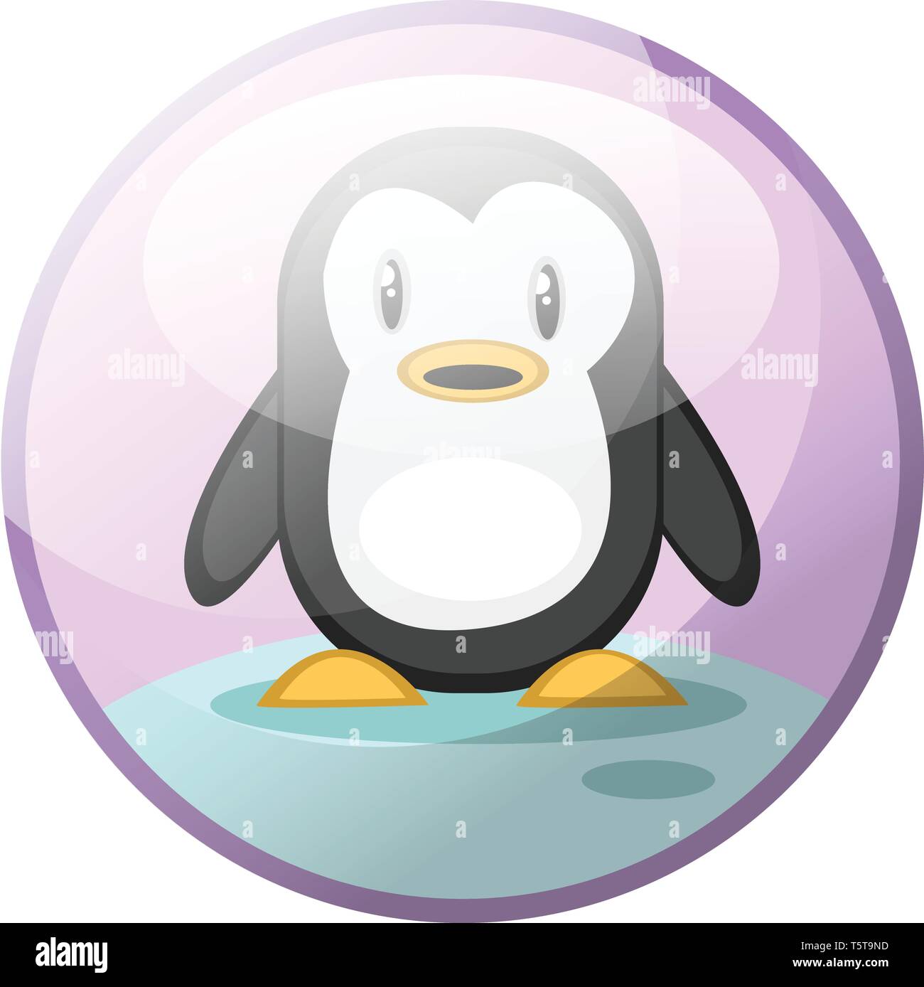 Personaggio dei fumetti di nero e di bianco penguin permanente sulla neve illustrazione vettoriale in viola chiaro cerchio su sfondo bianco. Illustrazione Vettoriale